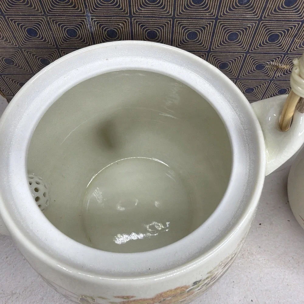 Vtg Sanford Porcelain Japan Teapot Bamboo Handle with 2 Teacups Peacocks Flowers